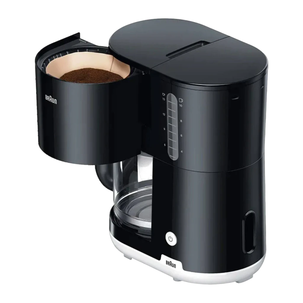 Cafeteira de filtro Braun KF1100 Jarro 10 Chávenas 1000W Preto, detalhe: cesto de filtro aberto com café moído, jarro