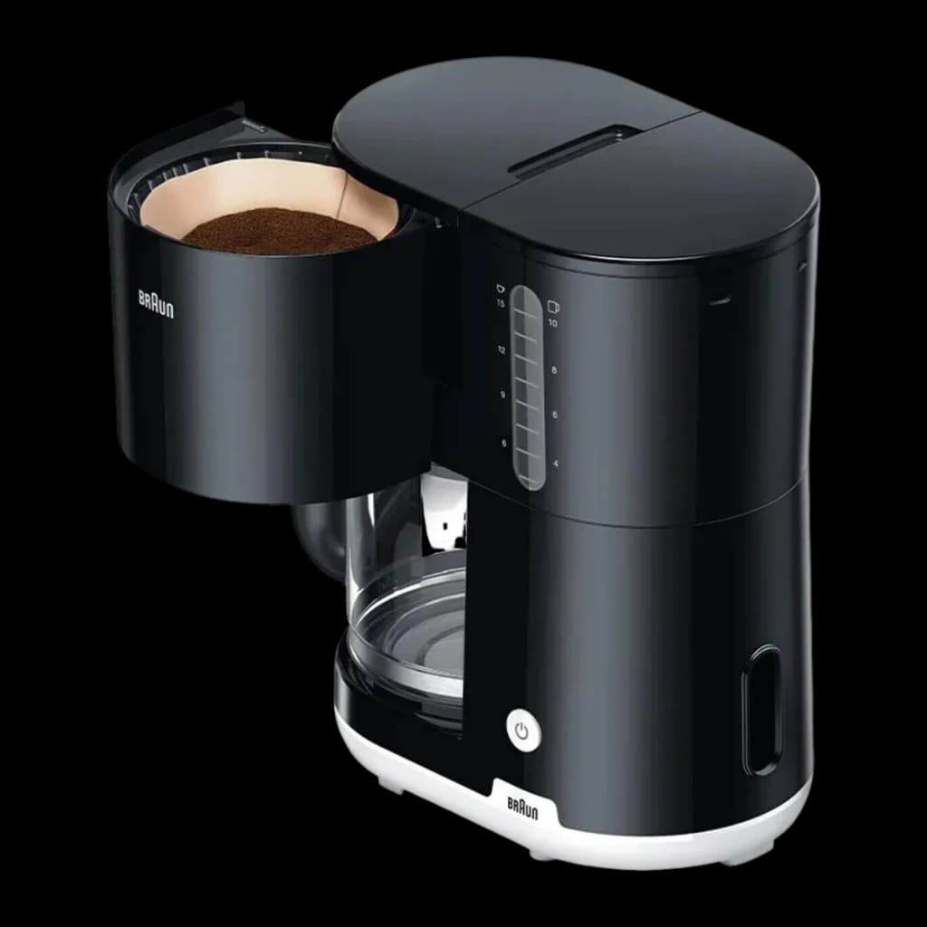 Cafeteira de filtro Braun KF1100 Jarro 10 Chávenas 1000W Preto, detalhe: cesto de filtro aberto com café moído, jarro