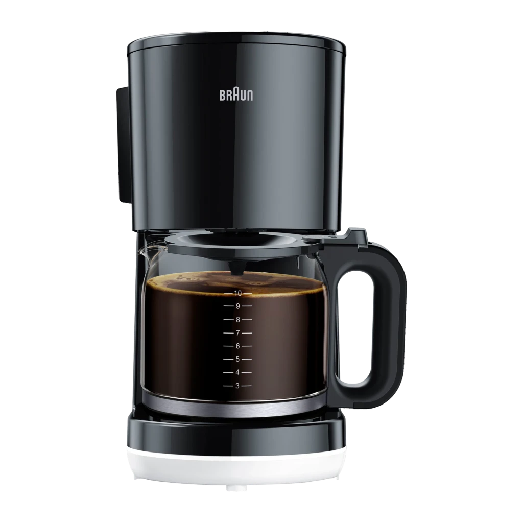 Cafeteira de filtro Braun KF1100 Jarro 10 Chávenas 1000W Preto, detalhe: jarro de vidro cheio de café com marcações de nível