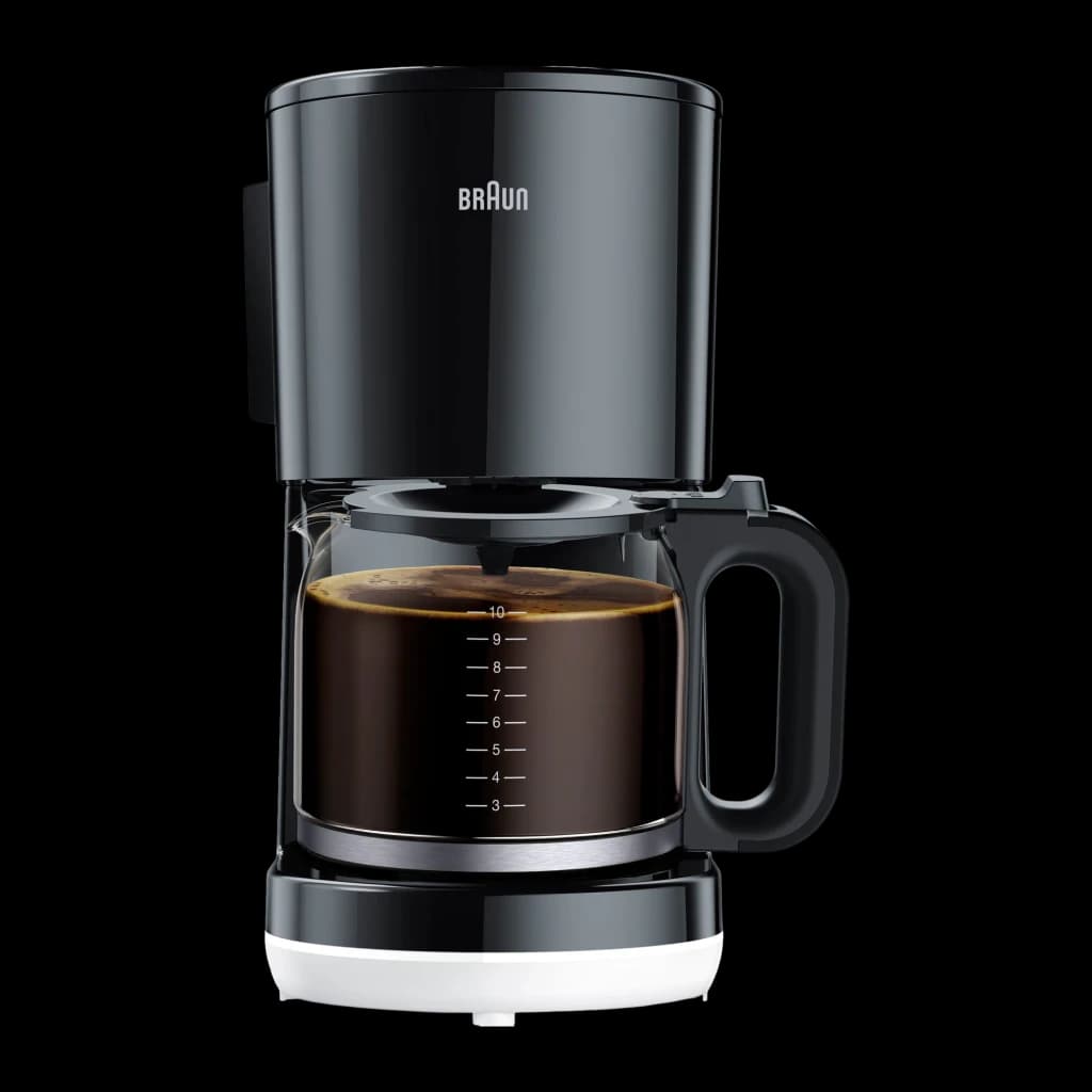 Cafeteira de filtro Braun KF1100 Jarro 10 Chávenas 1000W Preto, detalhe: jarro de vidro cheio de café com marcações de nível