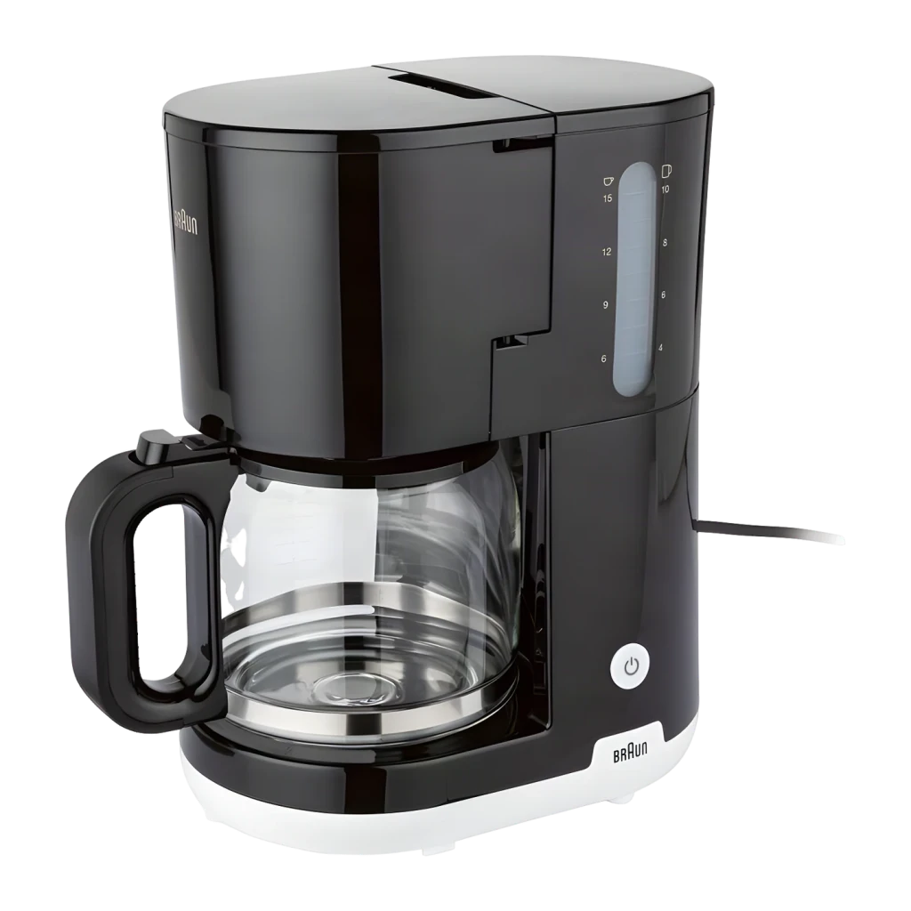 Cafeteira de filtro Braun KF1100 Jarro 10 Chávenas 1000W Preto, detalhe: vista em ângulo com jarro de vidro, botão de ligar