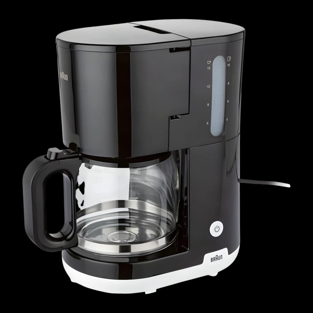 Cafeteira de filtro Braun KF1100 Jarro 10 Chávenas 1000W Preto, detalhe: vista em ângulo com jarro de vidro, botão de ligar