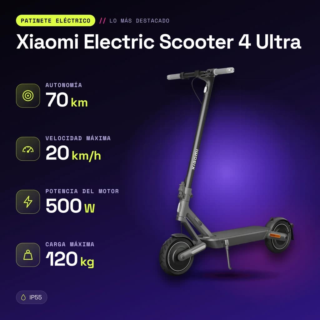 Patinete Eléctrico Xiaomi Electric Scooter 4 Ultra 500W 70km 20km/h Negro - características