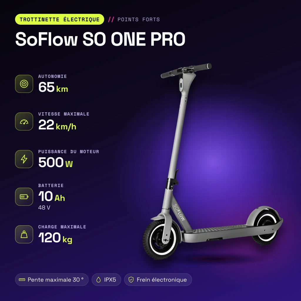 Trottinette Électrique SoFlow SO ONE PRO 500W 65km 22km/h 10 pouces Gris - caractéristiques