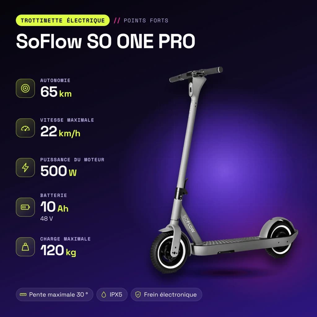Trottinette Électrique SoFlow SO ONE PRO 500W 65km 22km/h 10 pouces Gris - caractéristiques