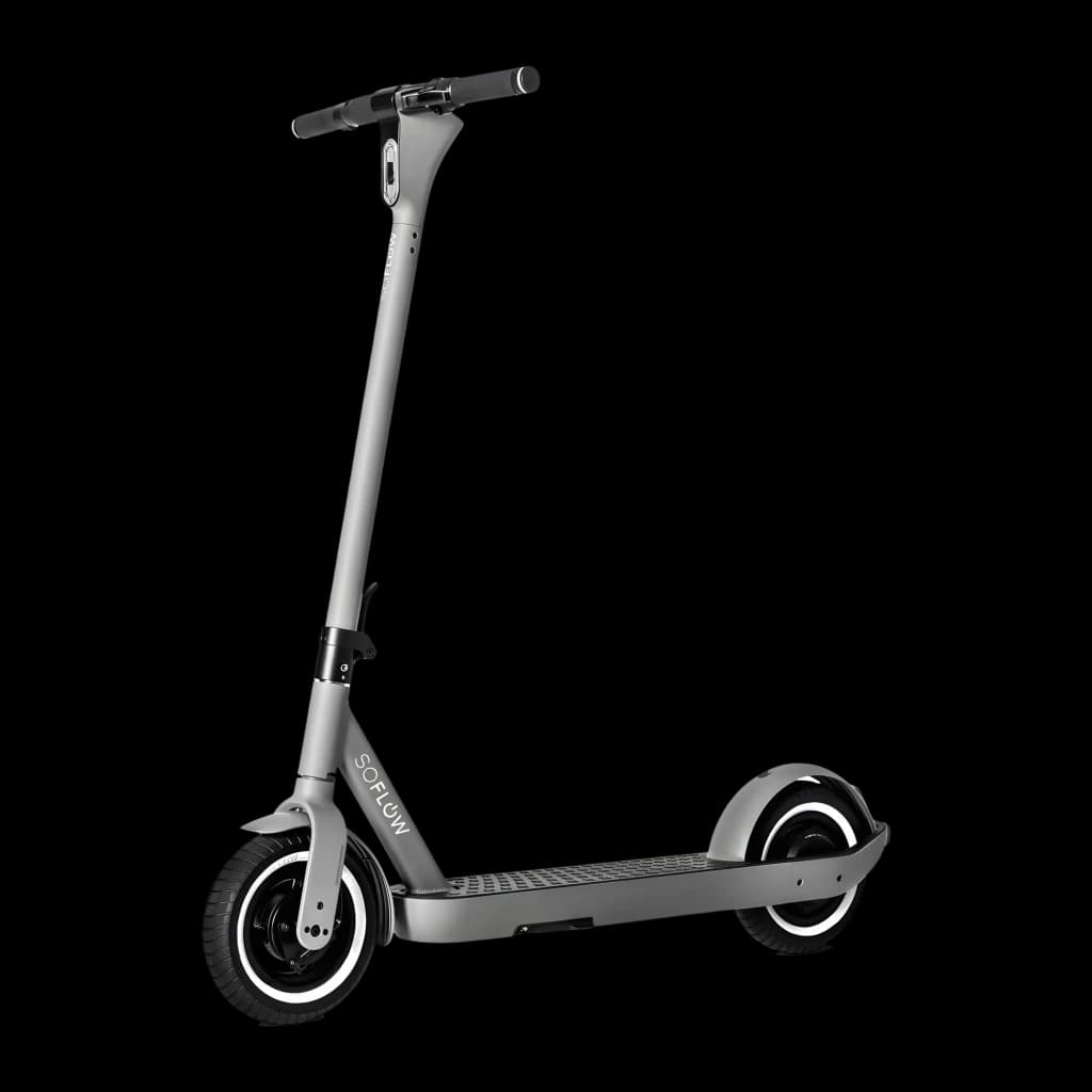 Trottinette Électrique SoFlow SO ONE PRO 500W 65km 22km/h 10 pouces Gris, vue de face: guidon, plateau et roues 10 pouces