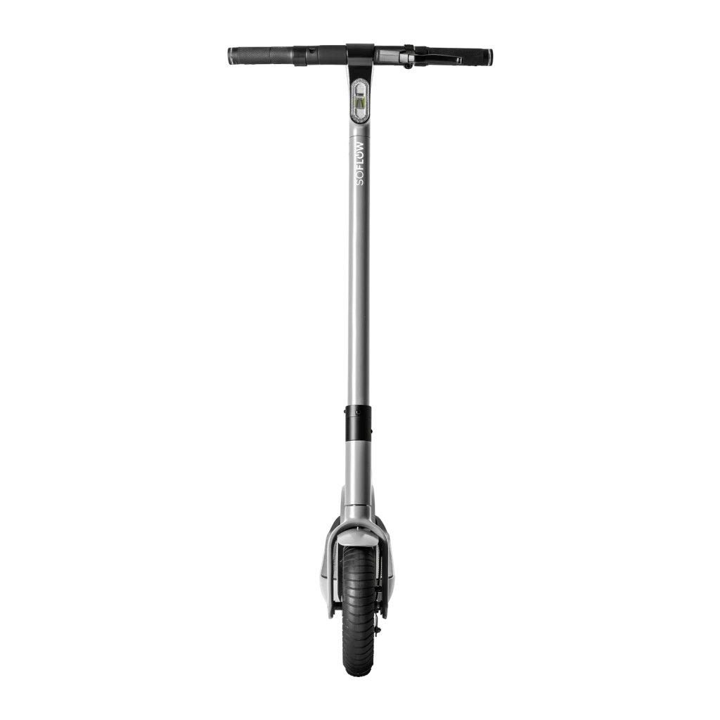 Trottinette Électrique SoFlow SO ONE PRO 500W 65km 22km/h 10 pouces Gris, détail avant: guidon, écran LED et roue avant