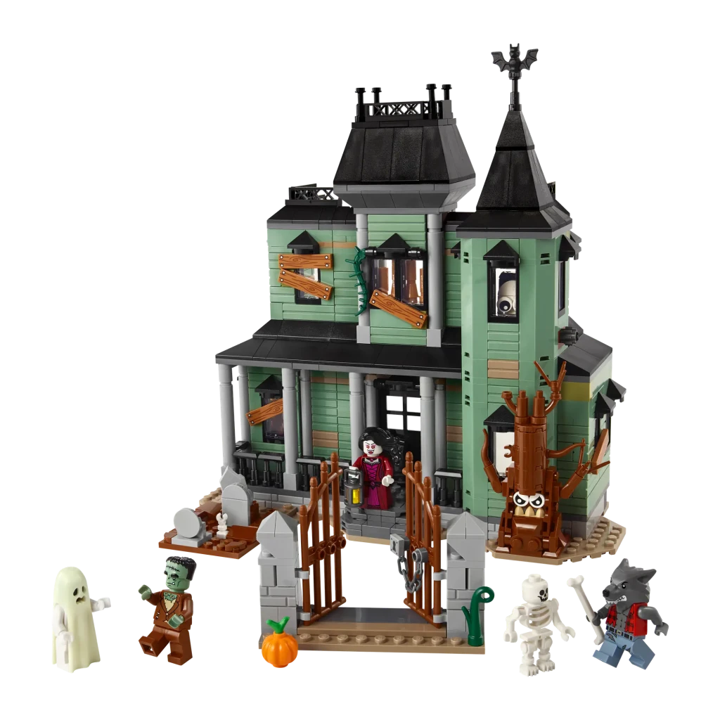 Set de construction LEGO Creator Manoir Hanté 31167 736 pièces 9+ ans, vue de face: manoir vert avec tour sombre, portail
