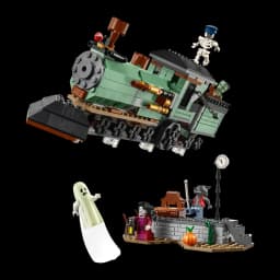 Set de construction LEGO Creator Manoir Hanté 31167 736 pièces 9+ ans, détail: train fantôme vert et minifigurines fantôme