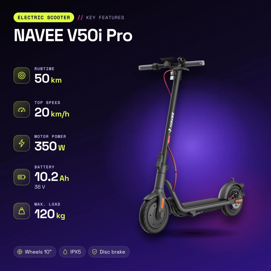 Trottinette électrique NAVEE V50i Pro 350W 50km 20km/h 10 pouces Noir - caractéristiques