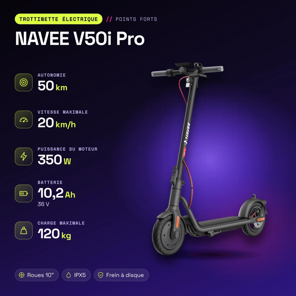 Trottinette électrique NAVEE V50i Pro 350W 50km 20km/h 10 pouces Noir - caractéristiques