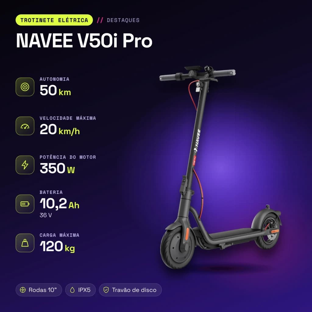 Trottinette électrique NAVEE V50i Pro 350W 50km 20km/h 10 pouces Noir - caractéristiques