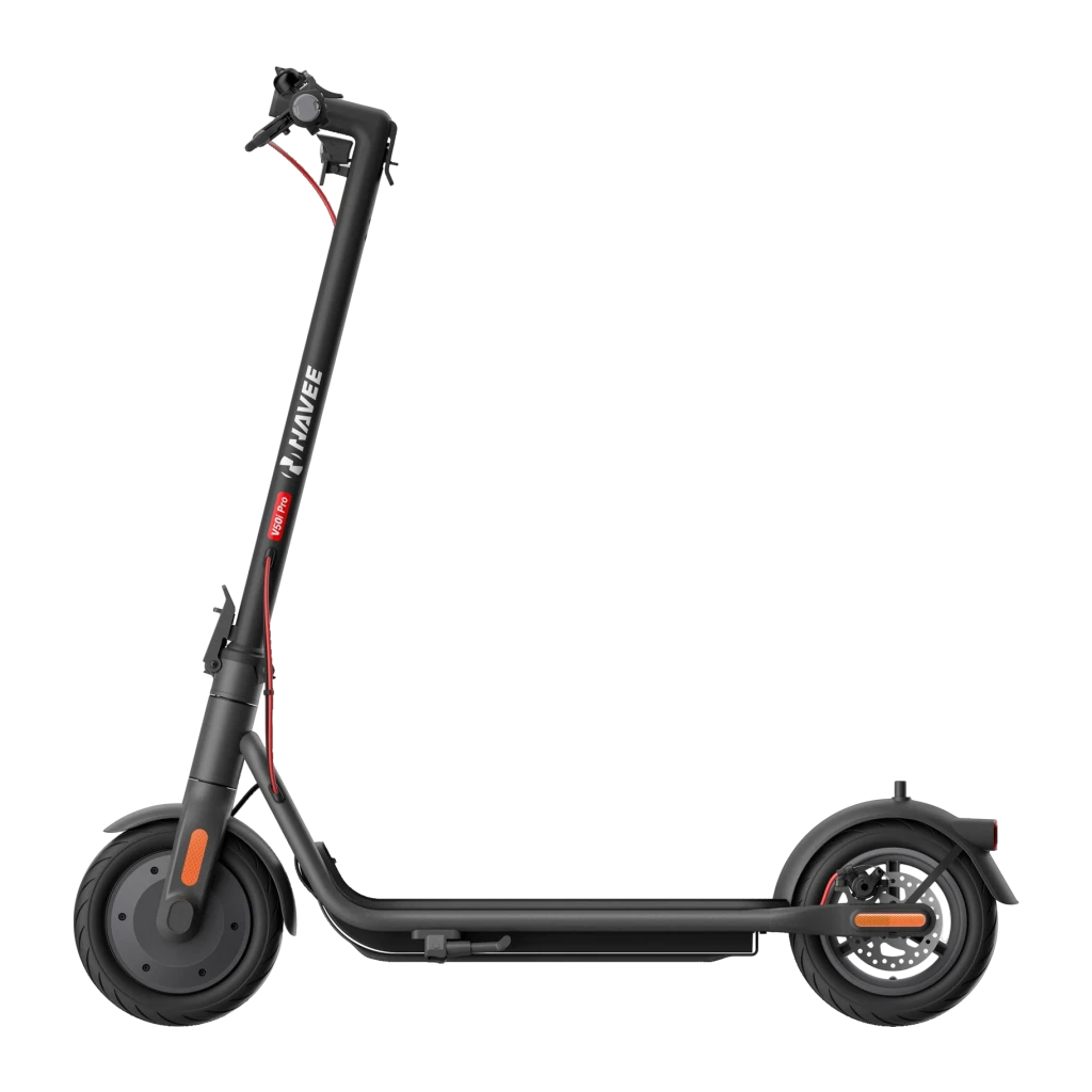 Trottinette électrique NAVEE V50i Pro 350W 50km 20km/h 10 pouces Noir, détail: vue latérale complète avec logo, roues 10