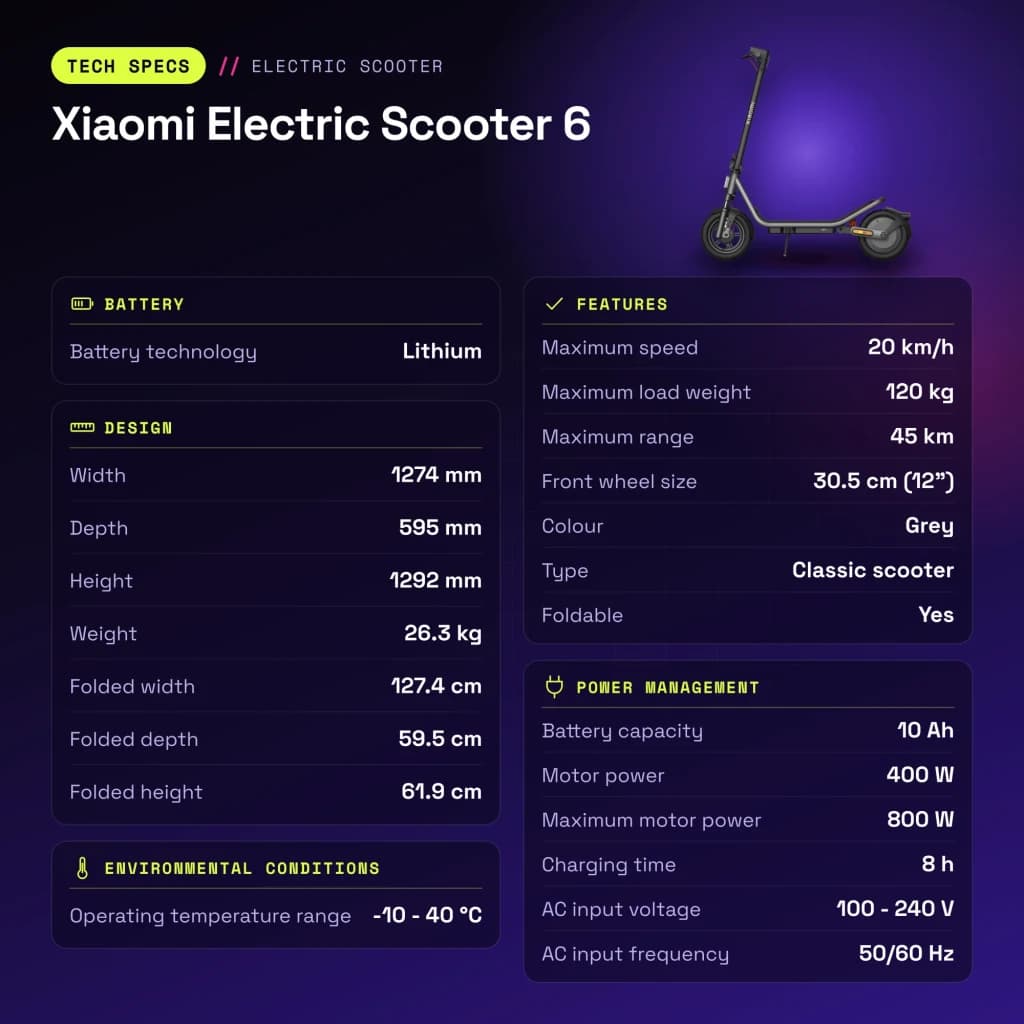 Trottinette Électrique Xiaomi Electric Scooter 6 400W 45km 20km/h 12 pouces Gris - caractéristiques