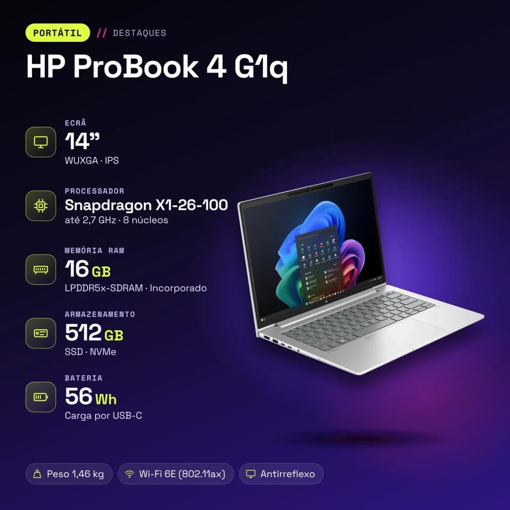 Portátil HP ProBook 4 G1q 16GB/512GB 14 pulgadas IPS WUXGA Snapdragon X1-26-100 SSD NVMe Windows 11 Pro Plata - características