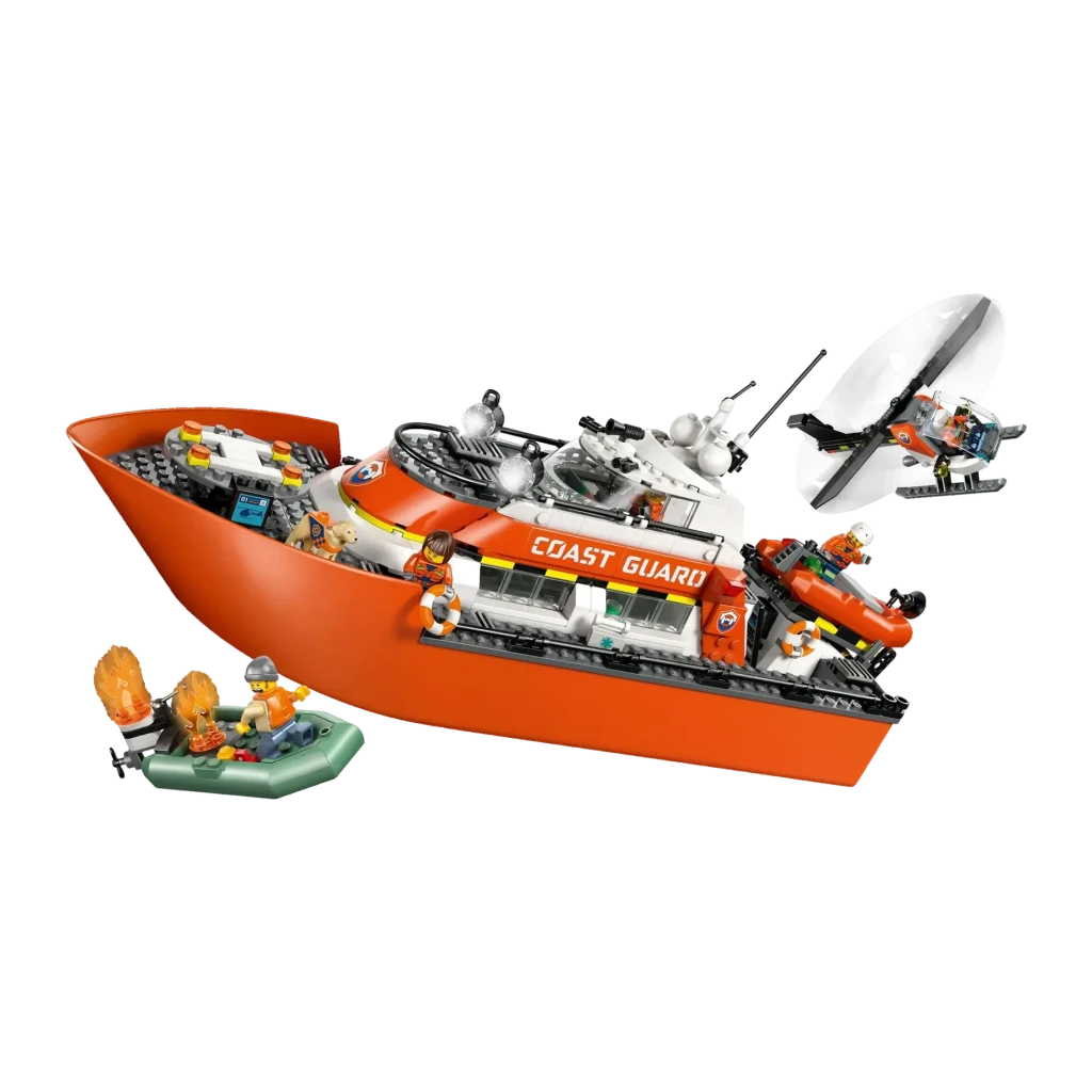Set de construction LEGO City Bateau et Hélicoptère de Sauvetage des Garde-côtes 60504 742 pièces, vue de face: bateau