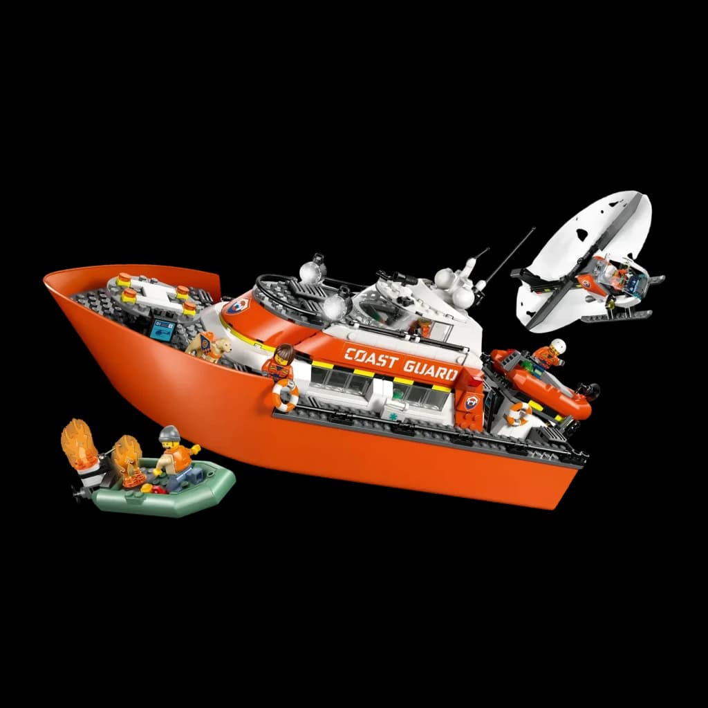 Set de construcción LEGO City Barco y Helicóptero de Rescate de Guardacostas 60504 742 piezas, vista frontal: barco naranja