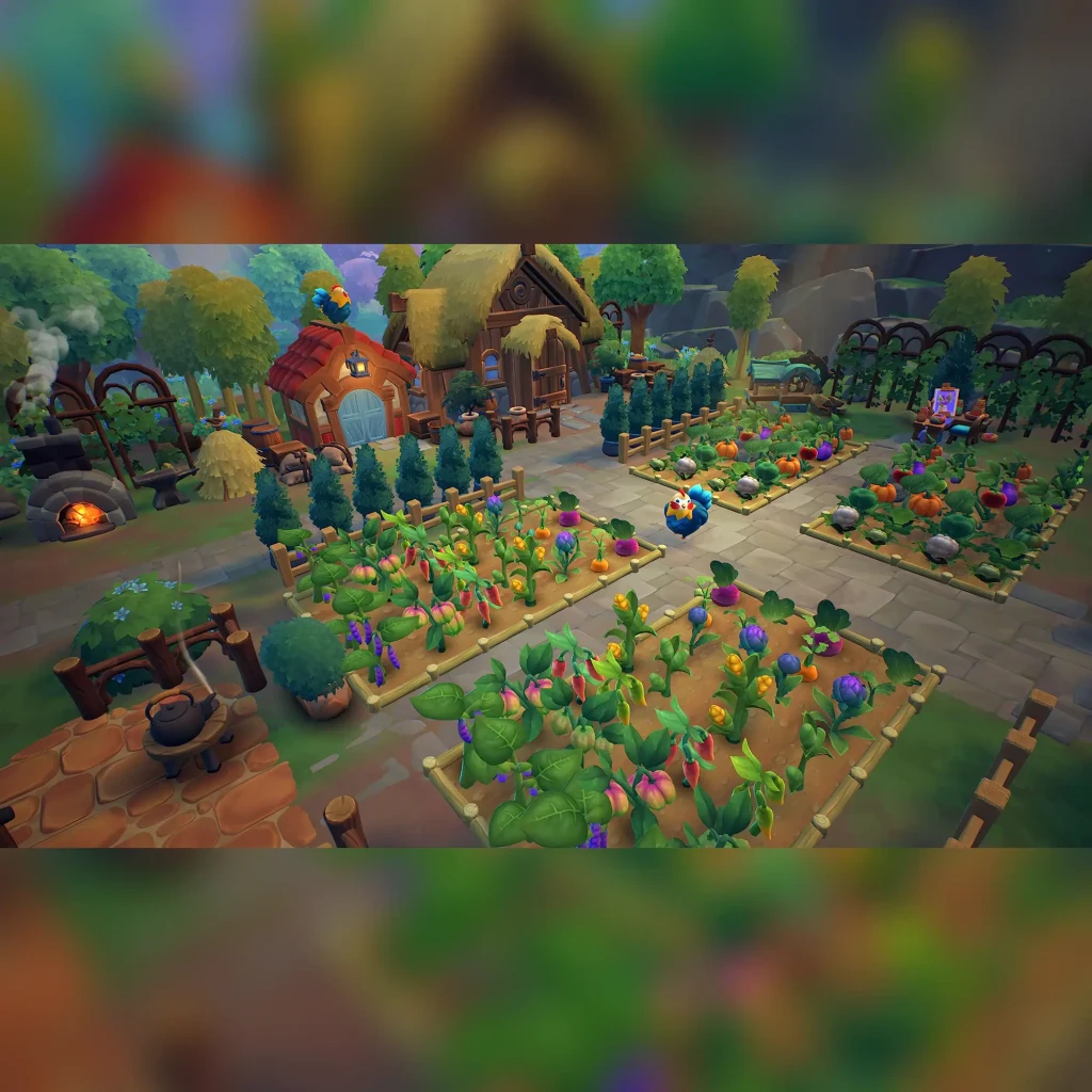 Videojuego Nintendo Fae Farm Switch Standard, en uso: granja mágica con cultivos coloridos, casas y personaje en vista