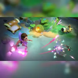 Videojuego Nintendo Fae Farm Switch Standard, en uso: personaje lanzando magia rosa hacia criatura mágica en escenario