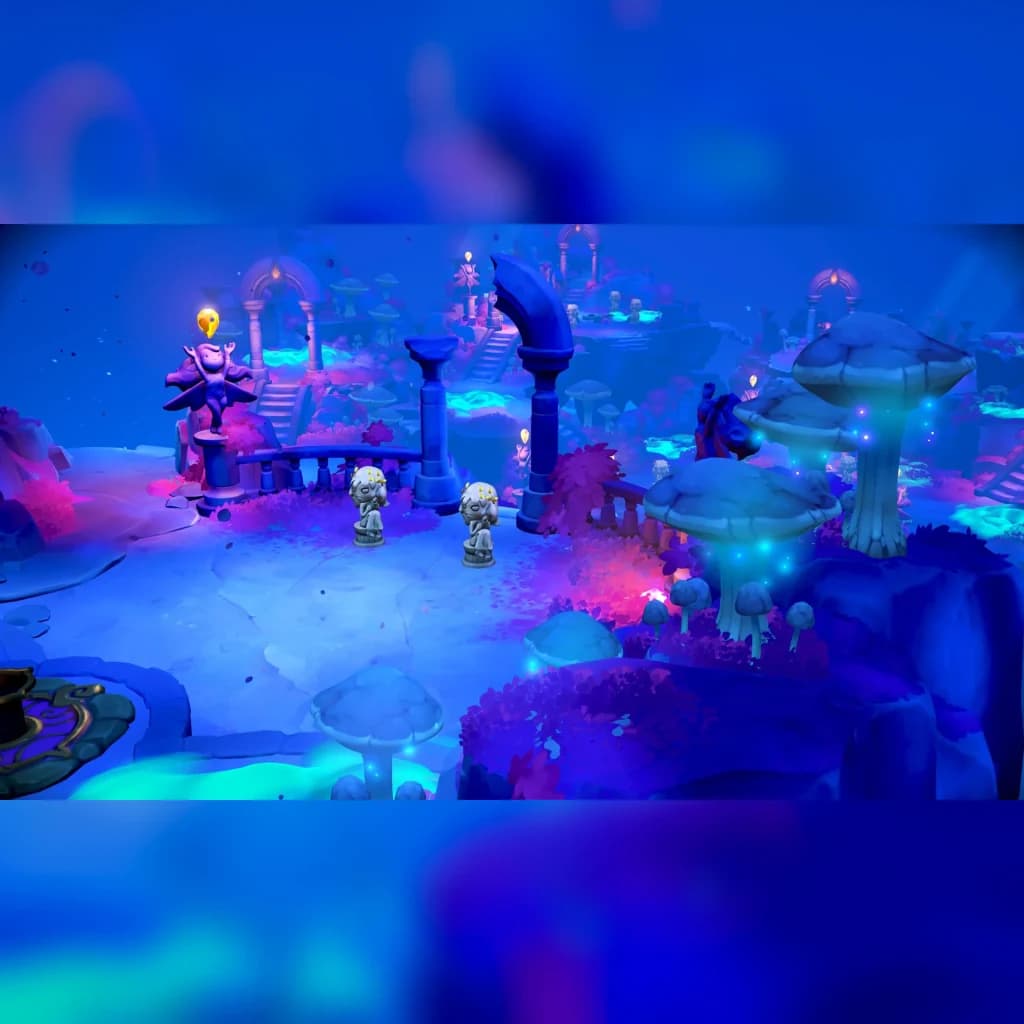 Videojuego Nintendo Fae Farm Switch Standard, en uso: escena mágica azul con personajes, setas y ruinas iluminadas