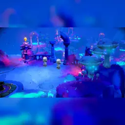 Videojuego Nintendo Fae Farm Switch Standard, en uso: escena mágica azul con personajes, setas y ruinas iluminadas