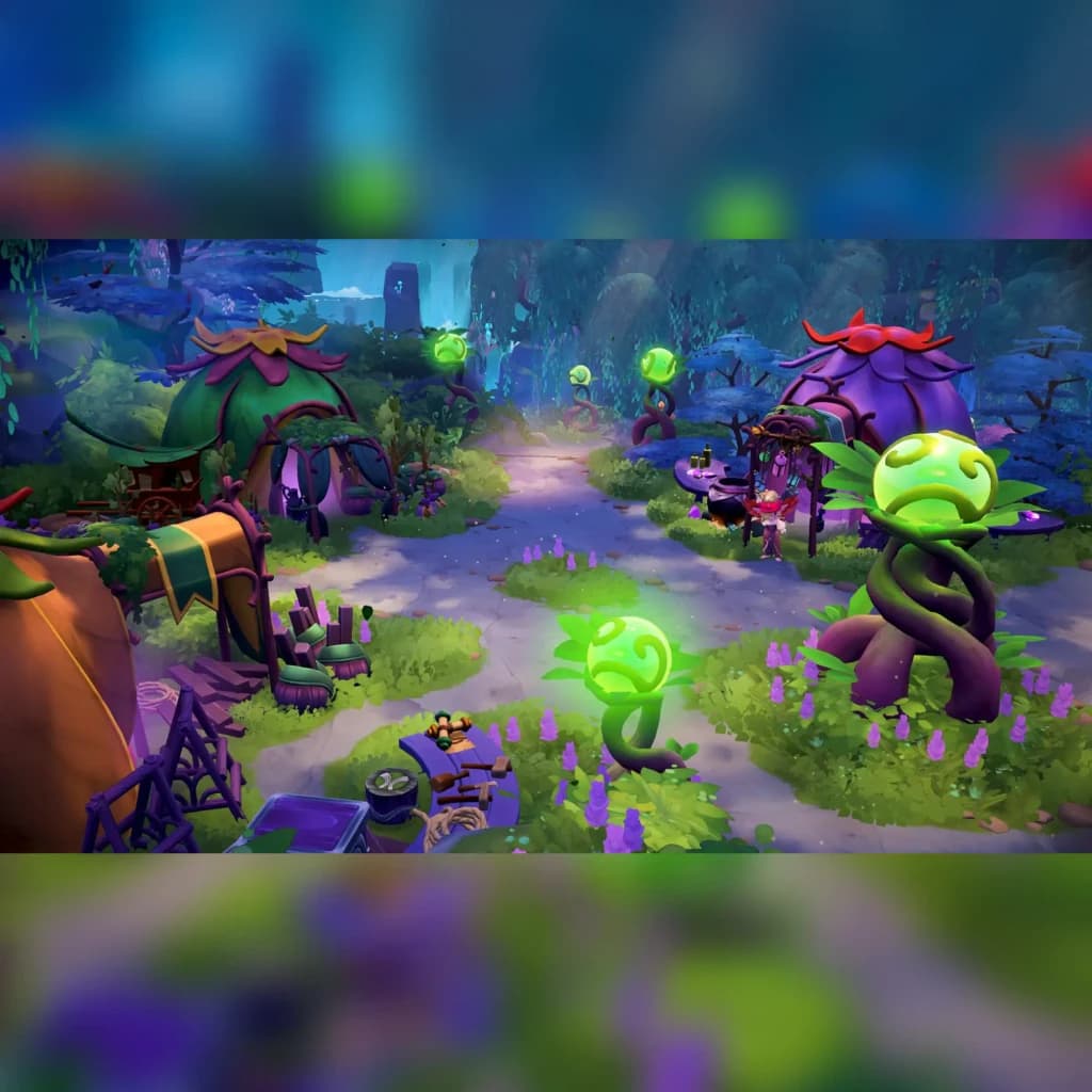 Videojuego Nintendo Fae Farm Switch Standard, en uso: captura de gameplay con aldea mágica, plantas gigantes verdes