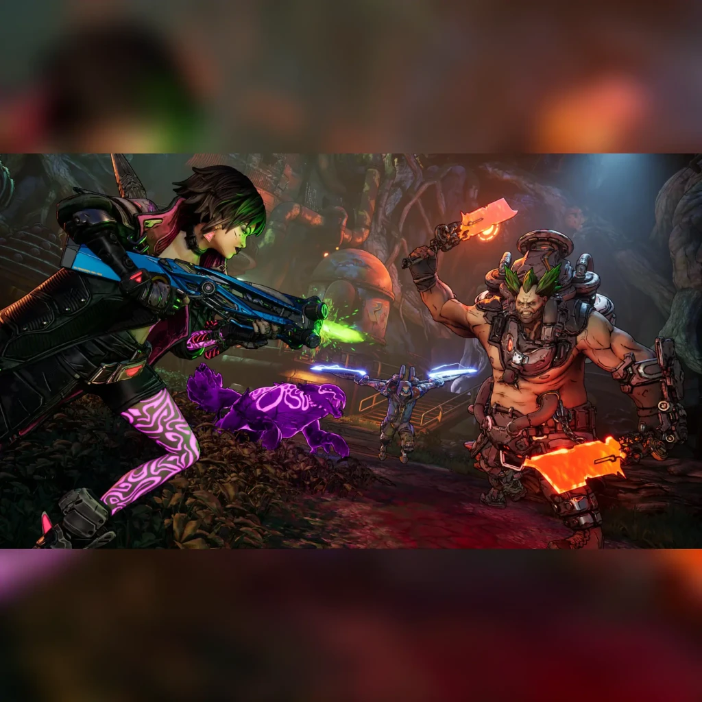 Videojuego 2K Borderlands 4 Estándar Xbox Series X, en uso: cazadora con arma neón enfrenta enemigo en escena de combate