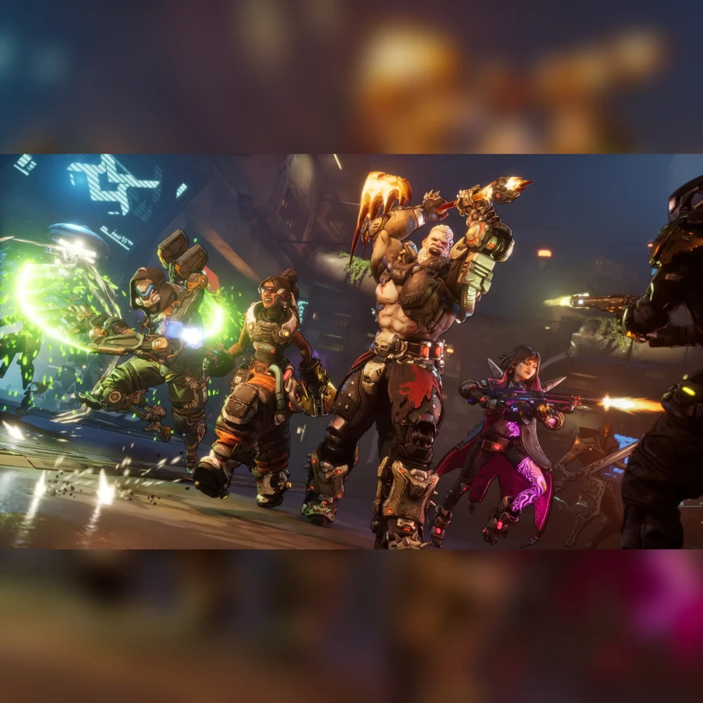 Videojuego 2K Borderlands 4 Estándar Xbox Series X, en uso: cuatro personajes armados en combate con efectos de neón