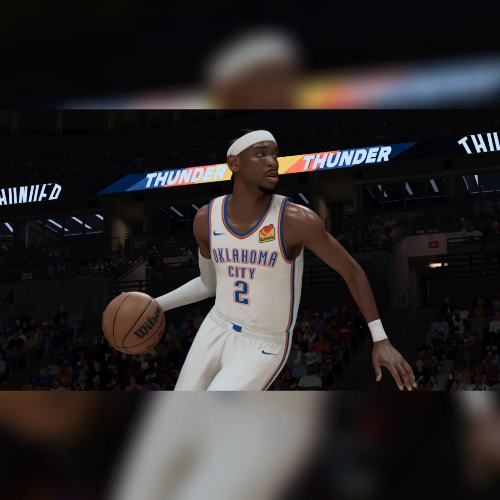 Videojuego 2K Sports NBA 2K26 Nintendo Switch 2, en uso: jugador OKC Thunder dorsal 2 driblando en cancha