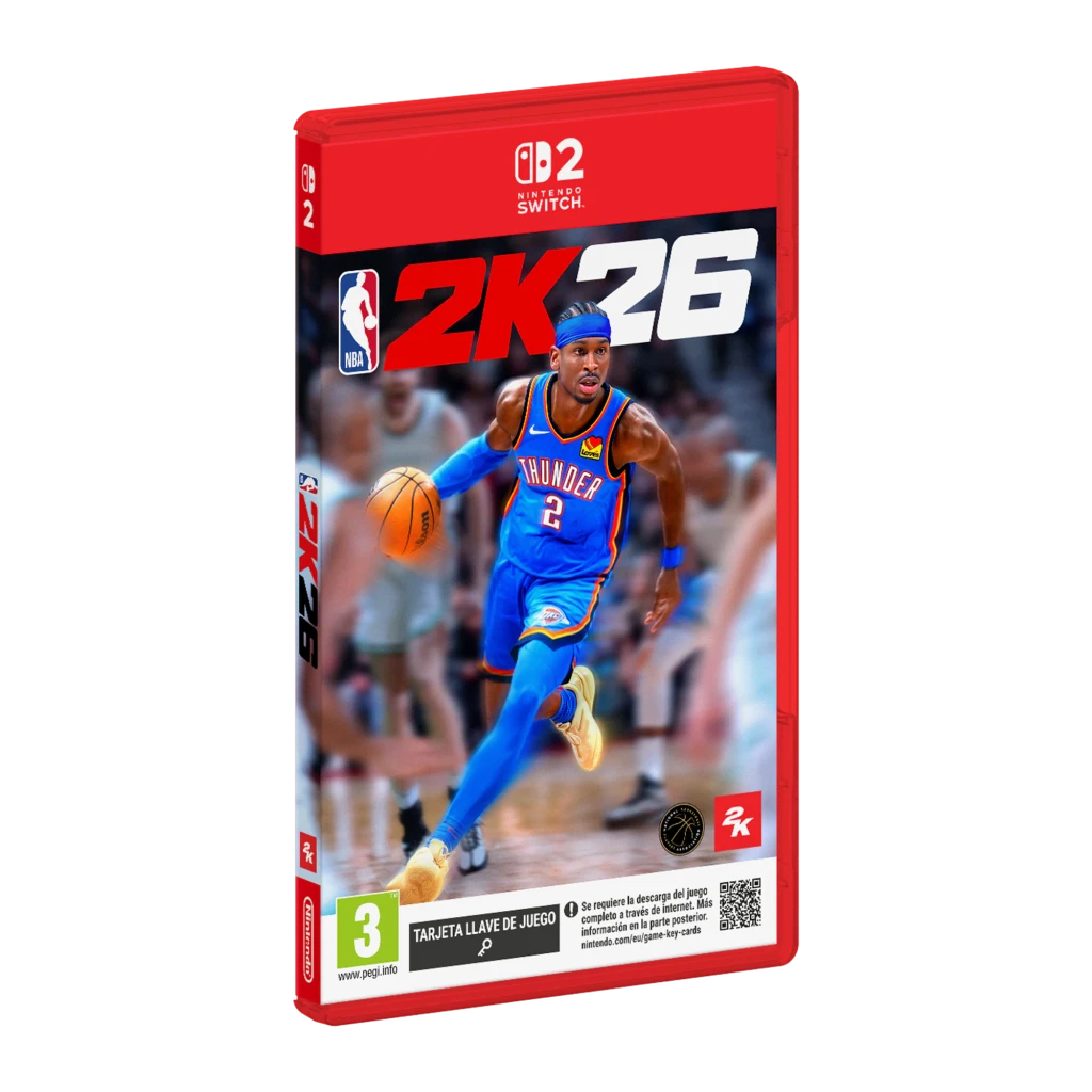 Videojuego 2K Sports NBA 2K26 Nintendo Switch 2, detalle: caja en ángulo con portada, jugador Thunder con balón y logo NBA