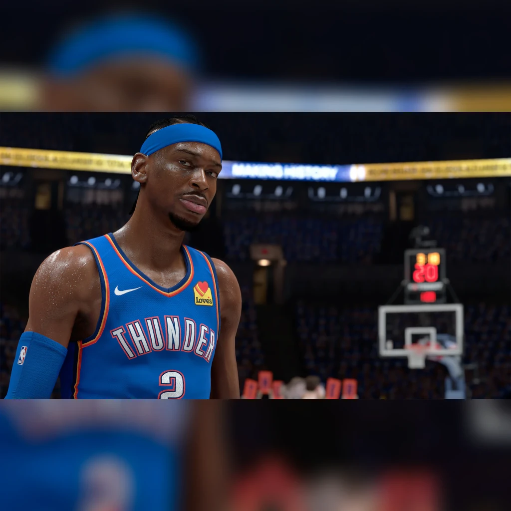 Videojuego 2K Sports NBA 2K26 Nintendo Switch 2, en uso: jugador del Thunder con camiseta azul en cancha