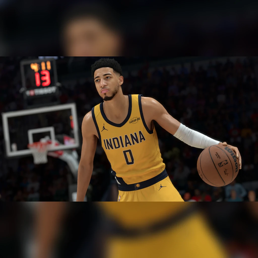 Videojuego 2K Sports NBA 2K26 Nintendo Switch 2, en uso: jugador de Indiana Pacers dorsal 0 driblando en cancha