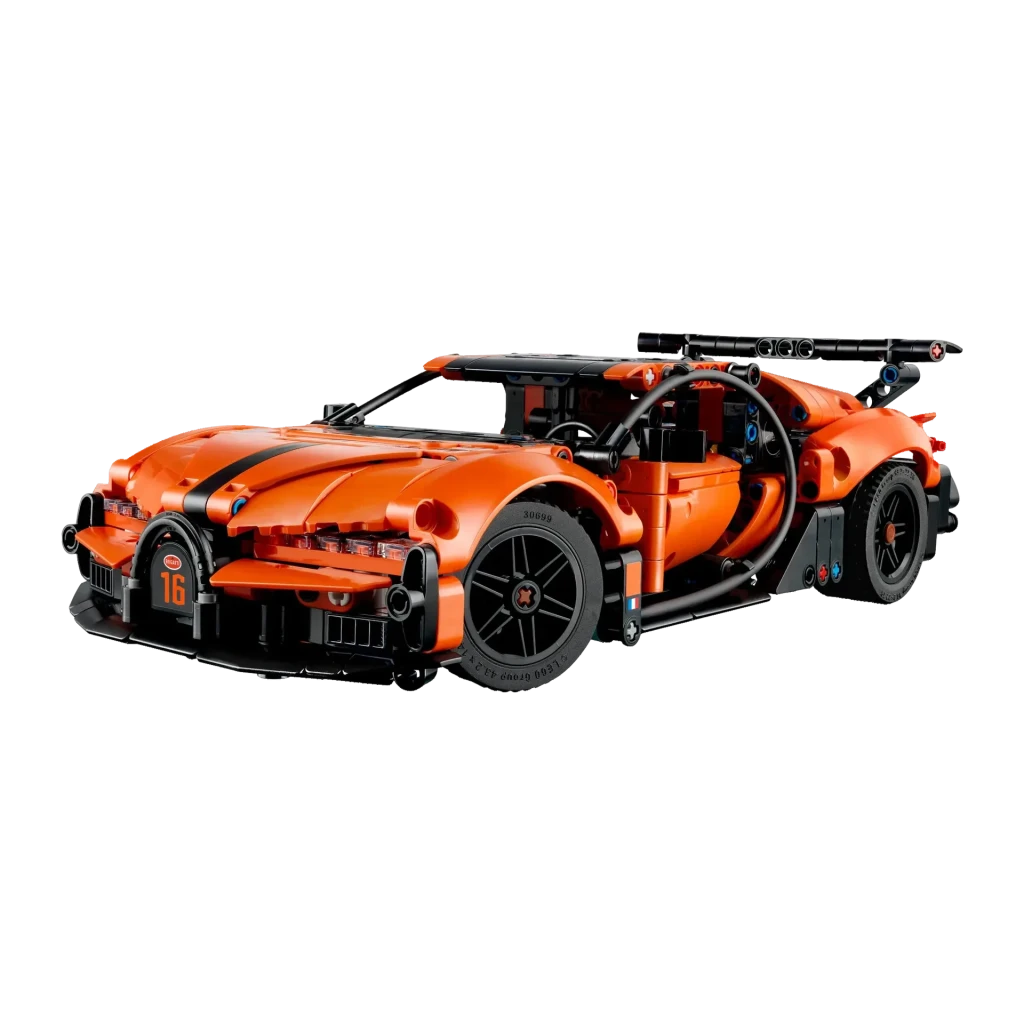 LEGO Technic Hipercarro Bugatti Chiron Pur Sport 42222 771 peças 9+ anos, vista frontal: carroçaria laranja com faixa preta