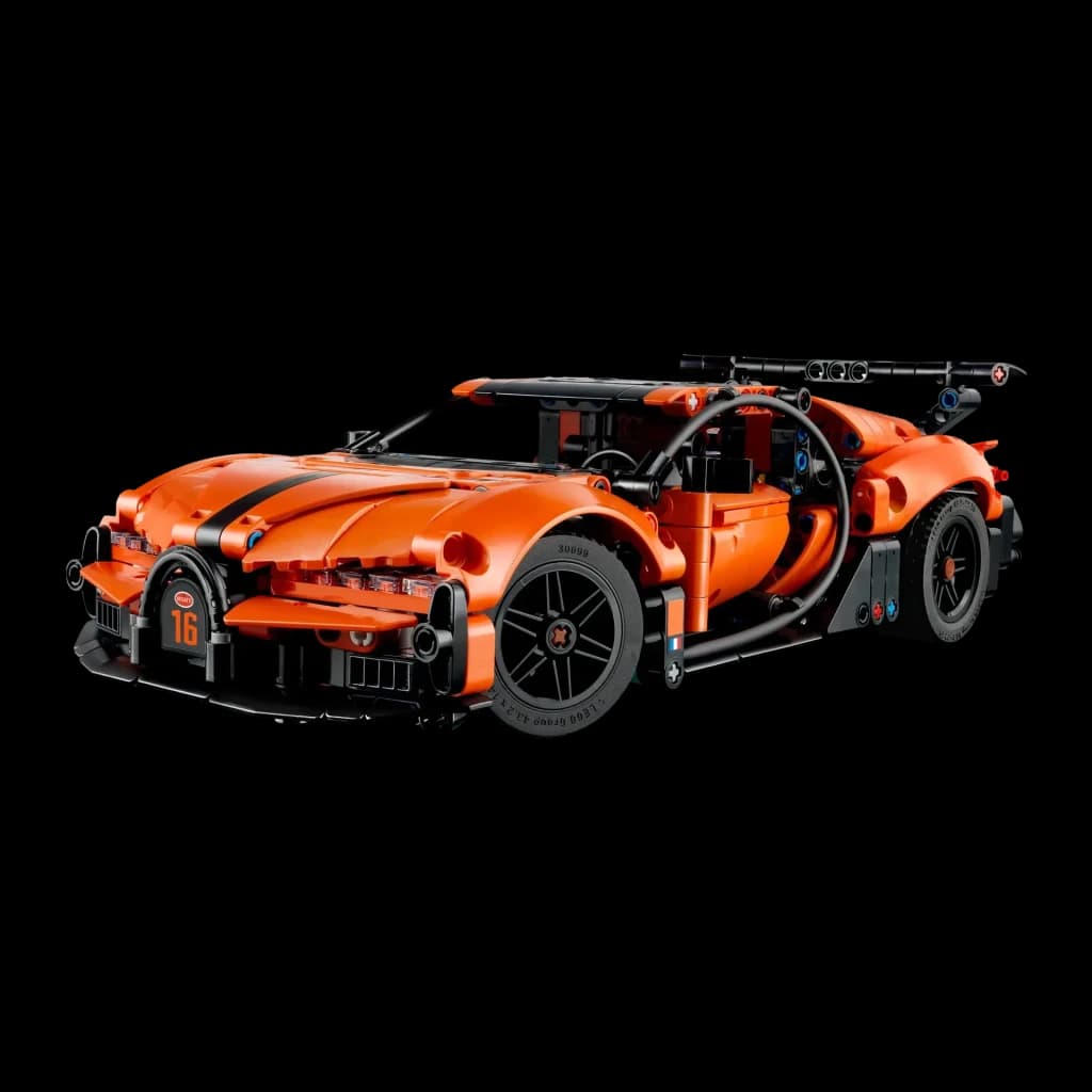 LEGO Technic Hipercarro Bugatti Chiron Pur Sport 42222 771 peças 9+ anos, vista frontal: carroçaria laranja com faixa preta
