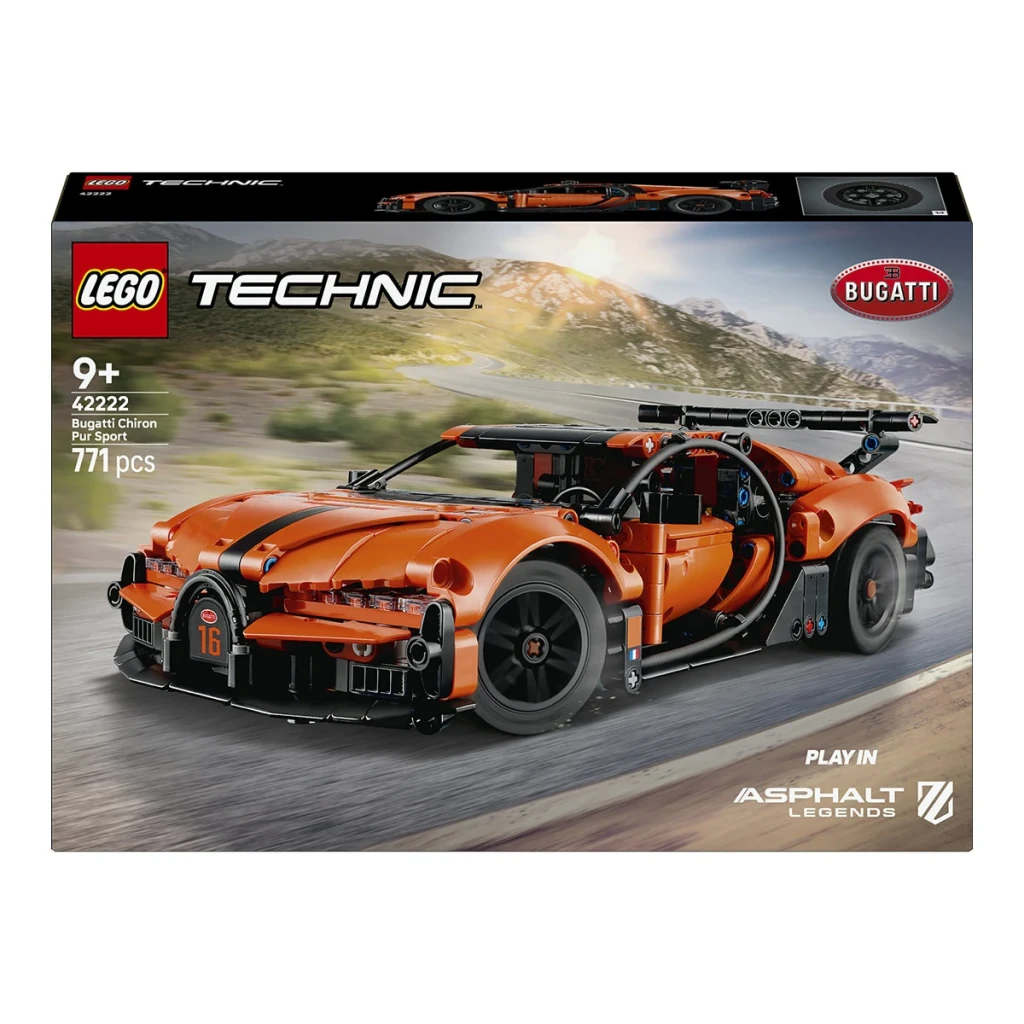 LEGO Technic Hipercarro Bugatti Chiron Pur Sport 42222 771 peças 9+ anos, conteúdo da caixa: frente da caixa com modelo