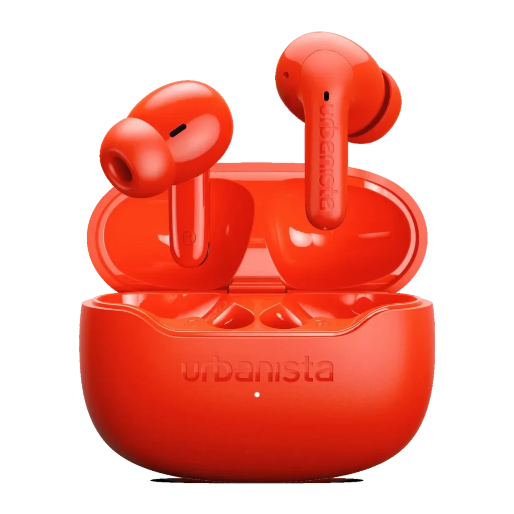 Auriculares Urbanista Palermo Cancelación de Ruido TWS Bluetooth 6.0 Naranja, vista frontal: ambos earbuds en estuche