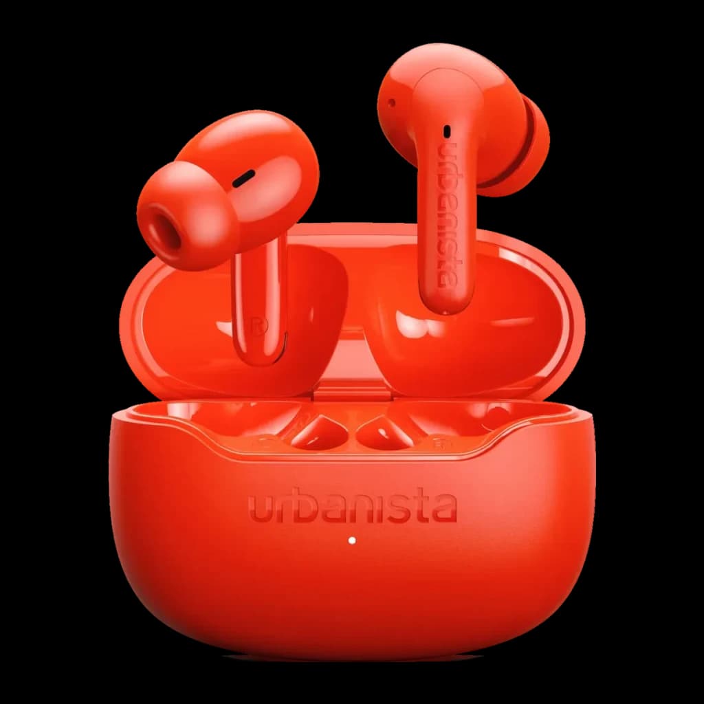 Auriculares Urbanista Palermo Cancelación de Ruido TWS Bluetooth 6.0 Naranja, vista frontal: ambos earbuds en estuche