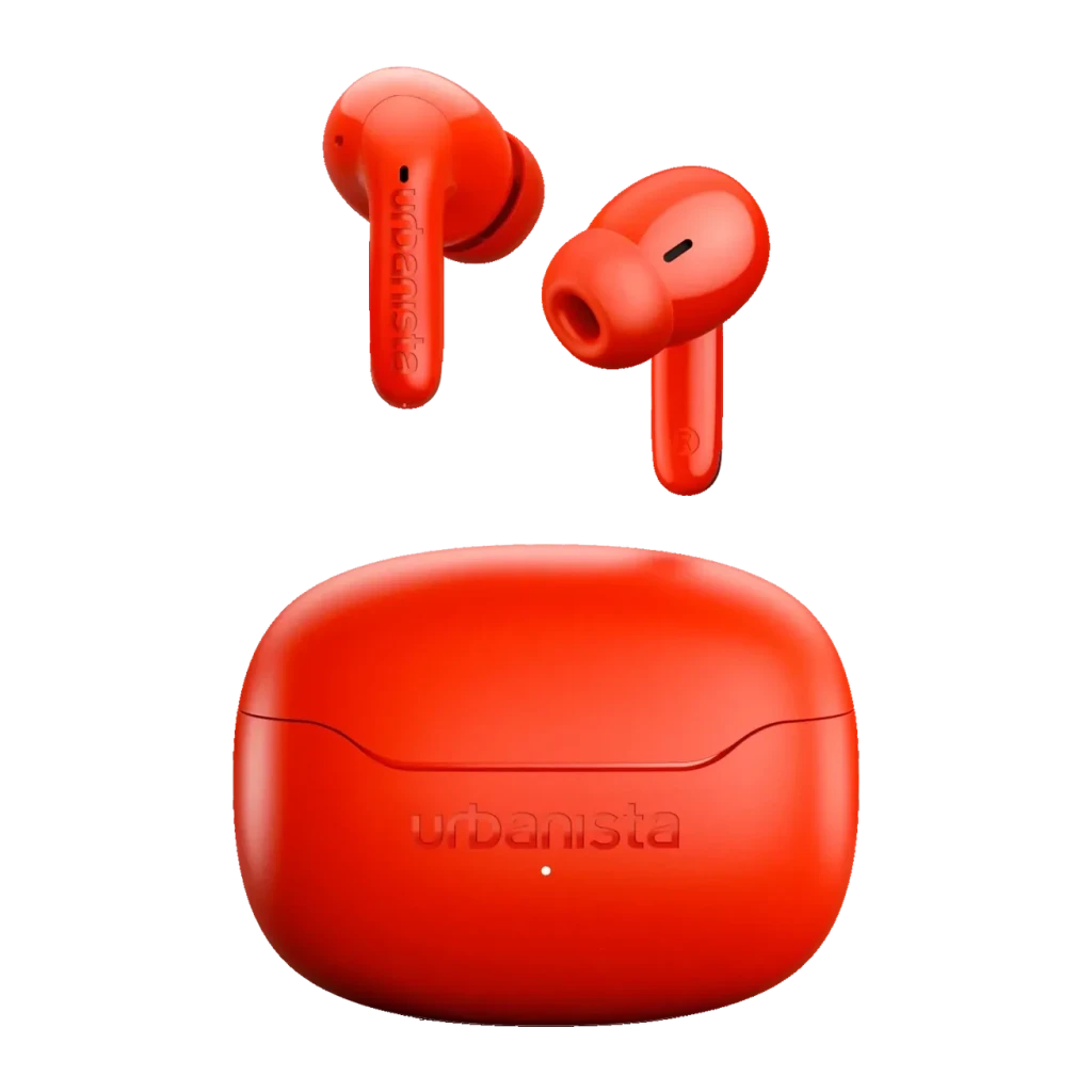 Auriculares Urbanista Palermo Cancelación de Ruido TWS Bluetooth 6.0 Naranja, detalle: ambos earbuds flotando sobre estuche