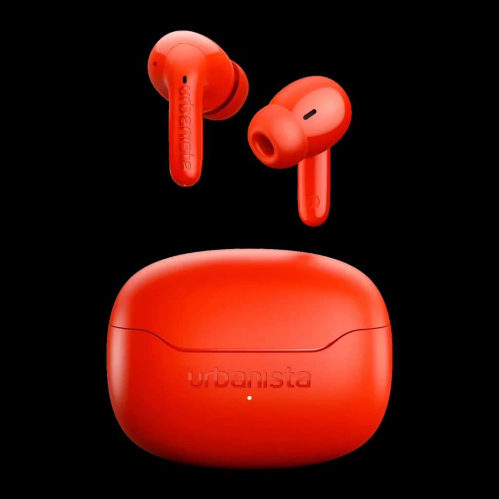 Auriculares Urbanista Palermo Cancelación de Ruido TWS Bluetooth 6.0 Naranja, detalle: ambos earbuds flotando sobre estuche
