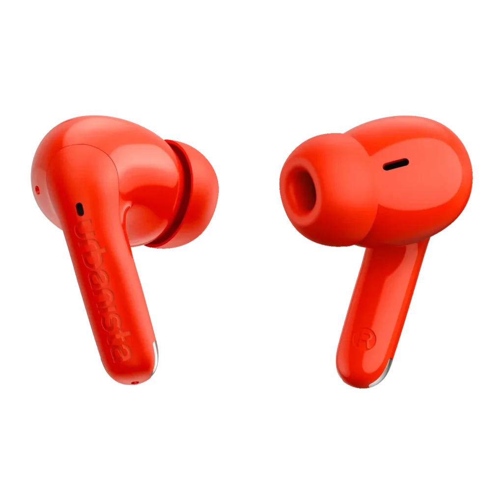 Auriculares Urbanista Palermo Cancelación de Ruido TWS Bluetooth 6.0 Naranja, detalle: ambos earbuds naranjas, logo