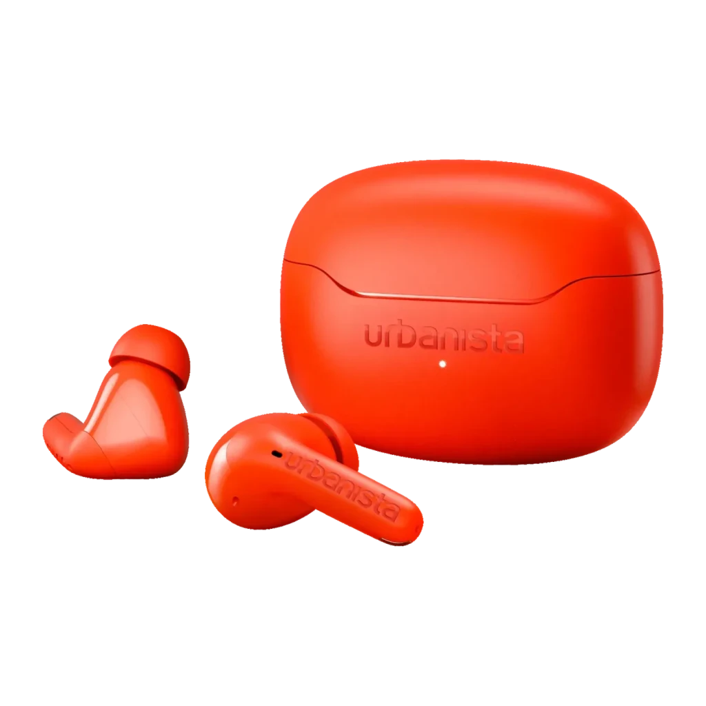 Auriculares Urbanista Palermo Cancelación de Ruido TWS Bluetooth 6.0 Naranja, detalle: dos earbuds y estuche naranja mate