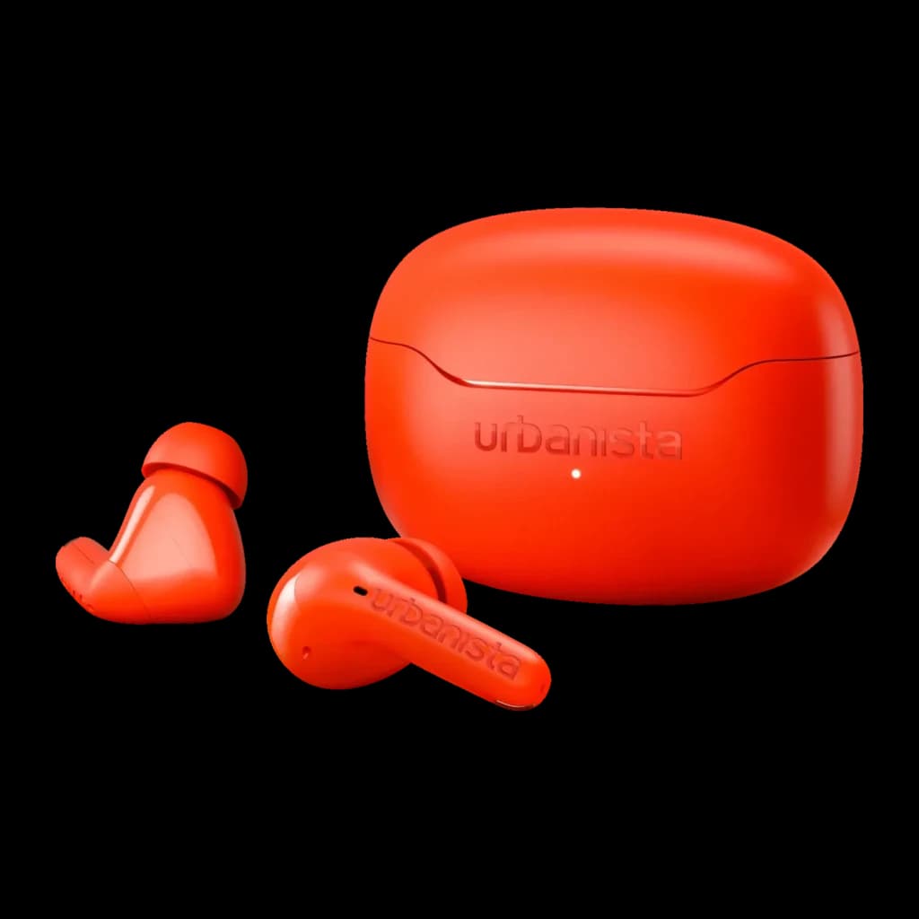 Auriculares Urbanista Palermo Cancelación de Ruido TWS Bluetooth 6.0 Naranja, detalle: dos earbuds y estuche naranja mate