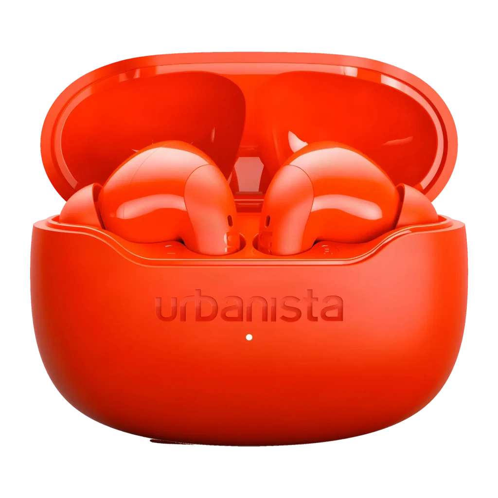 Auriculares Urbanista Palermo Cancelación de Ruido TWS Bluetooth 6.0 Naranja, detalle: estuche abierto con los dos earbuds