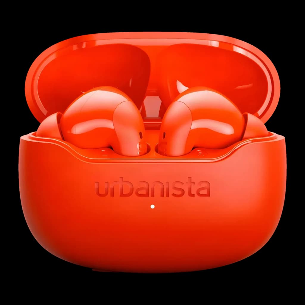 Auriculares Urbanista Palermo Cancelación de Ruido TWS Bluetooth 6.0 Naranja, detalle: estuche abierto con los dos earbuds