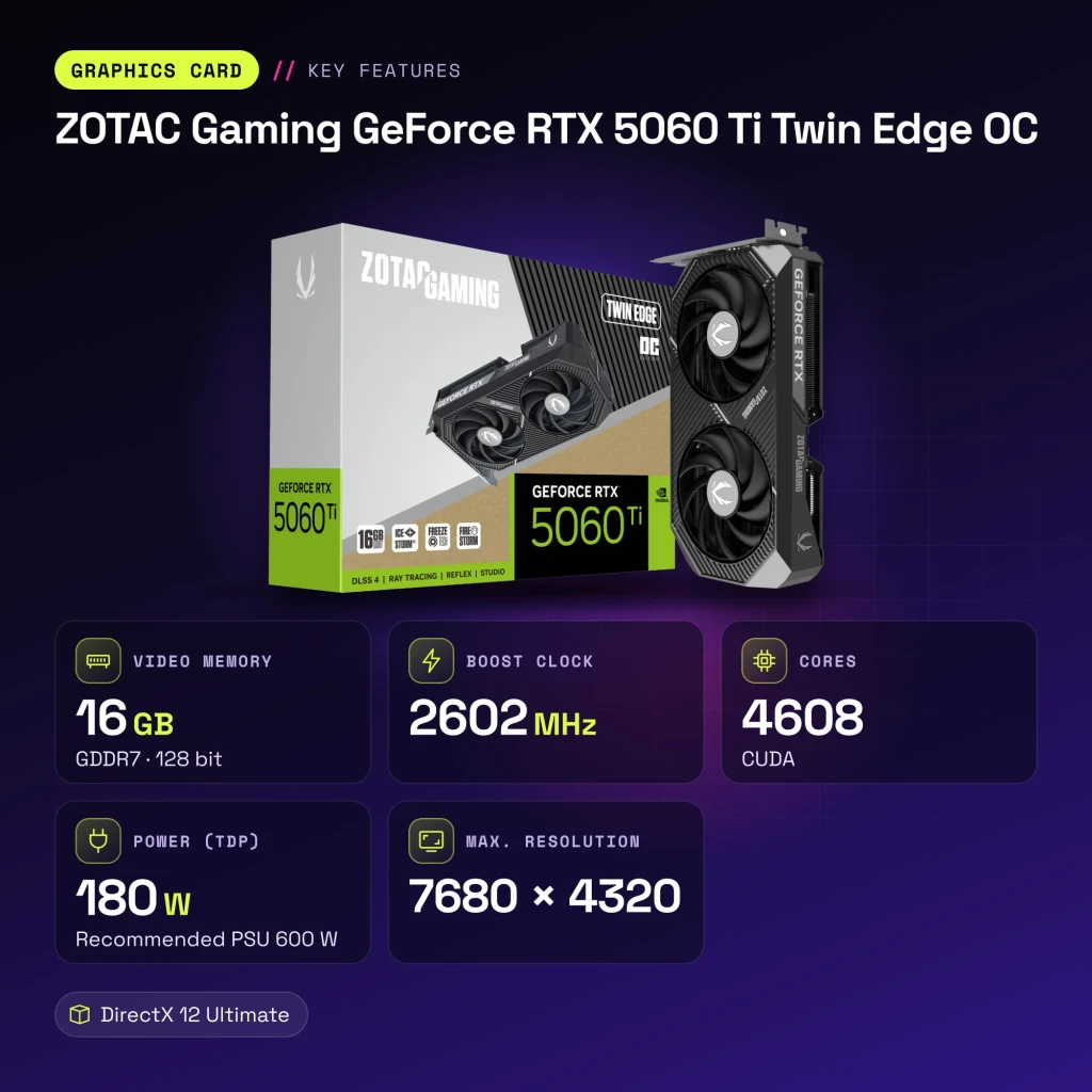 Carte graphique Zotac Gaming GeForce RTX 5060 Ti Twin Edge OC 16 Go GDDR7 Noir - caractéristiques