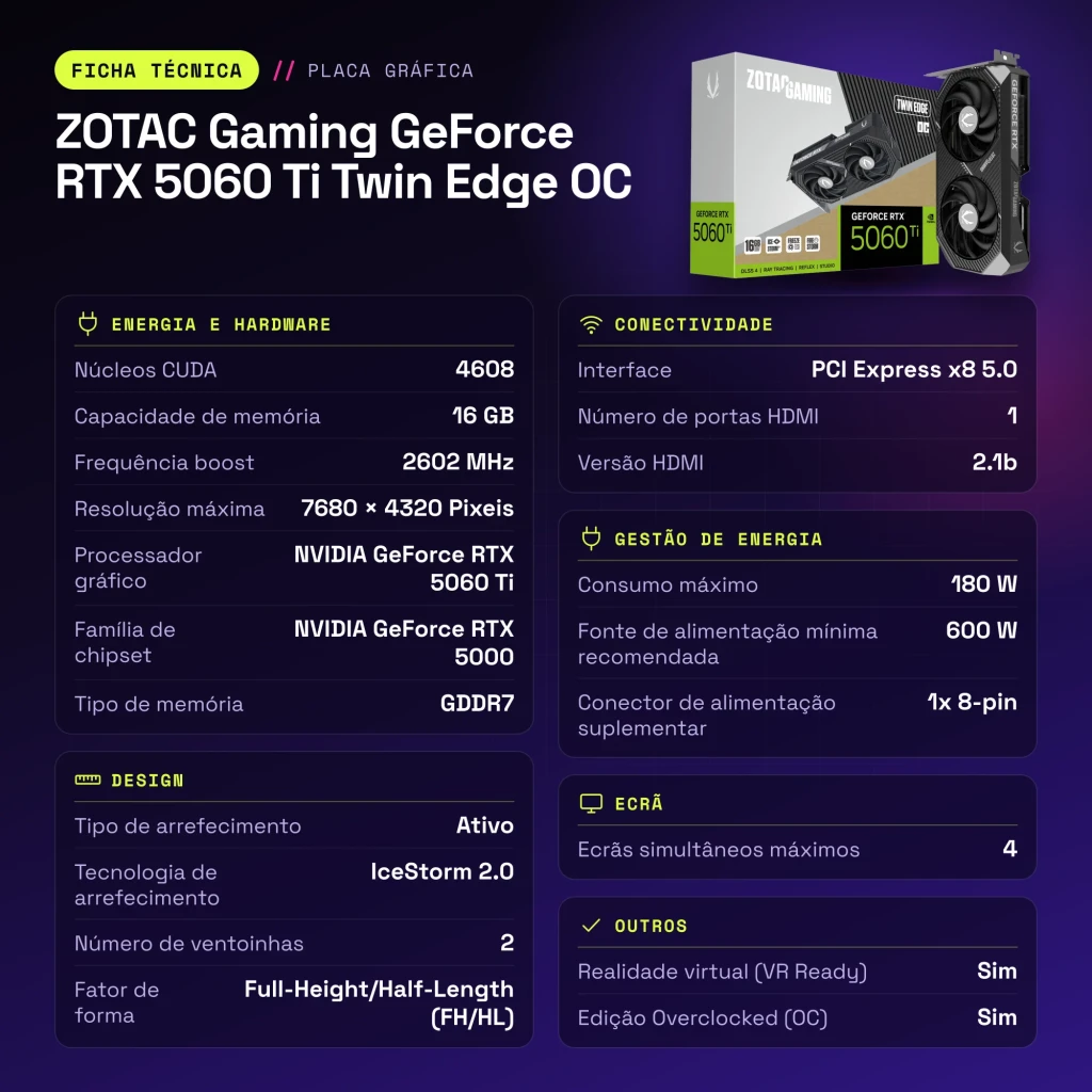 Carte graphique Zotac Gaming GeForce RTX 5060 Ti Twin Edge OC 16 Go GDDR7 Noir - caractéristiques