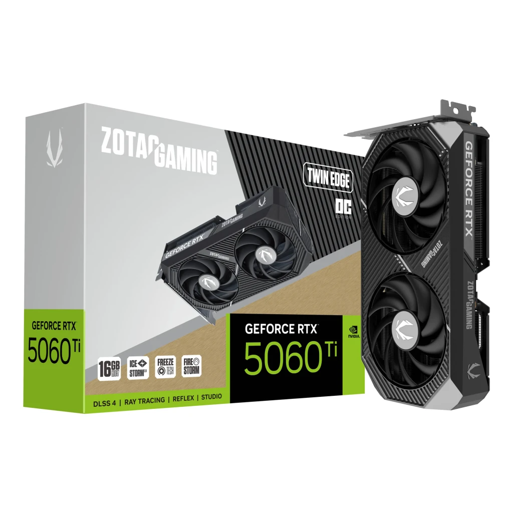 ZOTAC Gaming GeForce RTX 5060 Ti Twin Edge OC 16Go GDDR7 Noir, contenu de la boîte: boîte et carte graphique à deux
