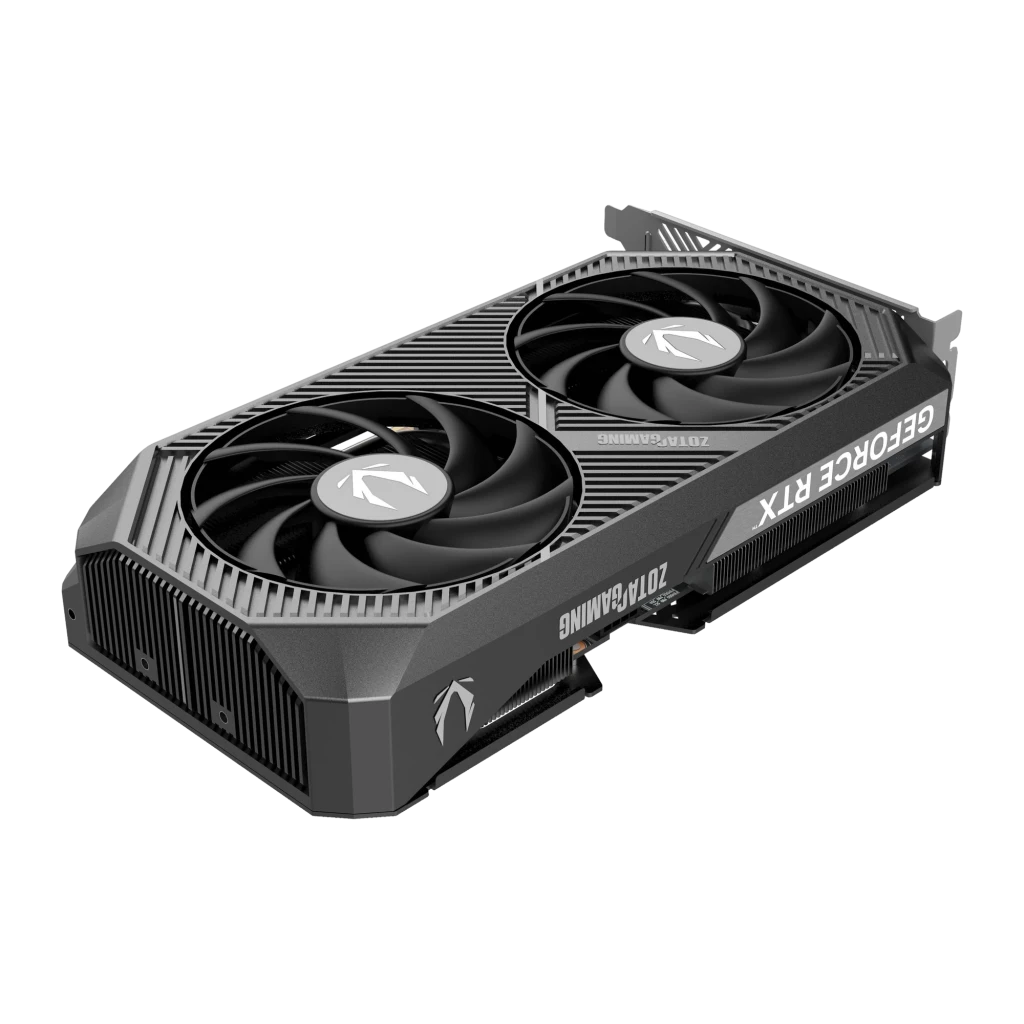 ZOTAC Gaming GeForce RTX 5060 Ti Twin Edge OC 16Go GDDR7 Noir, détail: vue en perspective avec deux ventilateurs et logo