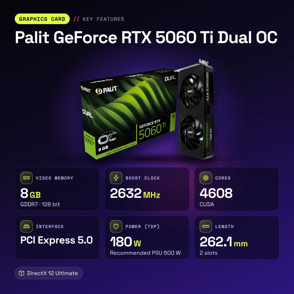 Palit GeForce RTX 5060 Ti Dual OC 8GB GDDR7 Preto - características