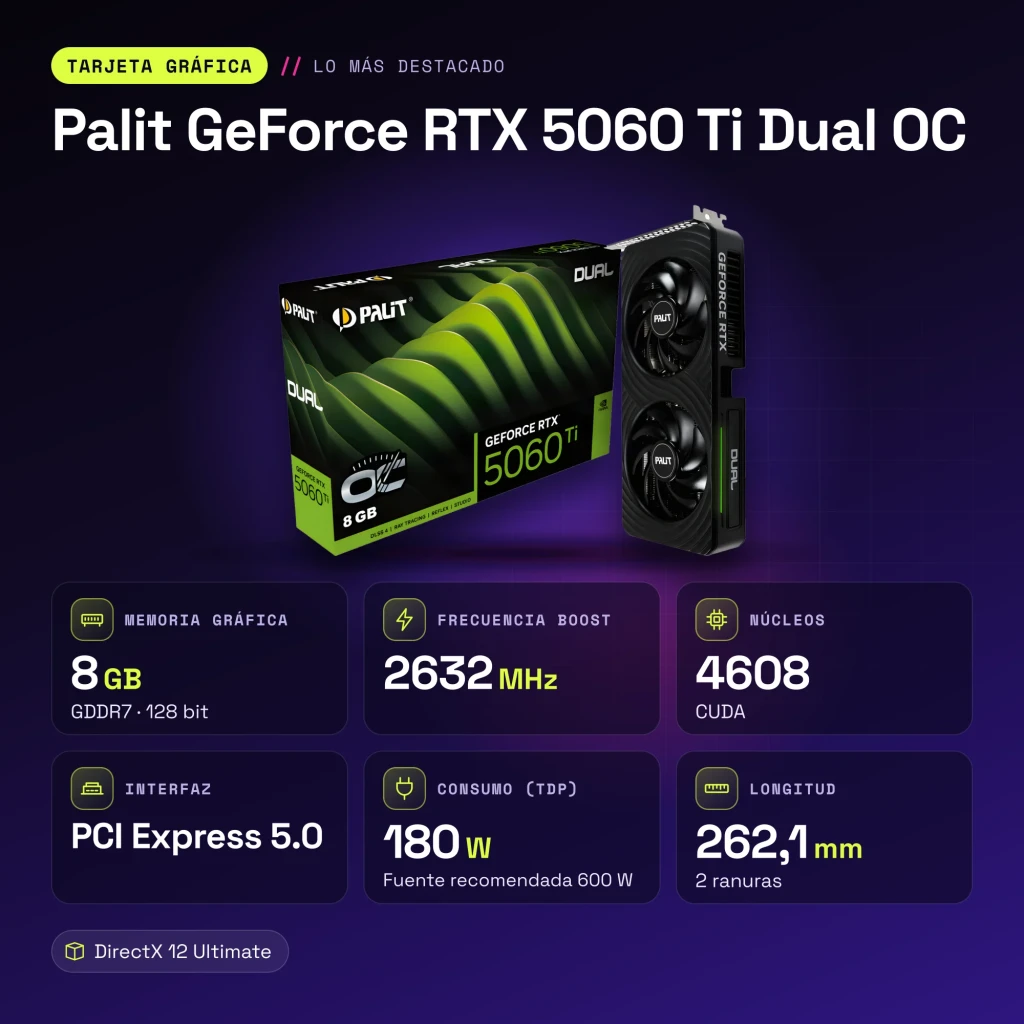 Palit GeForce RTX 5060 Ti Dual OC 8GB GDDR7 Preto - características
